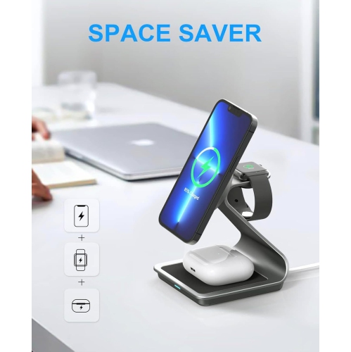 3 in 1 Wireless Charger for MagSafe, Aluminum Alloy Wireless Charging Station, Compatible with iPhone 14/13/12, Apple Watch, AirPods Pro/3/2(Black)
