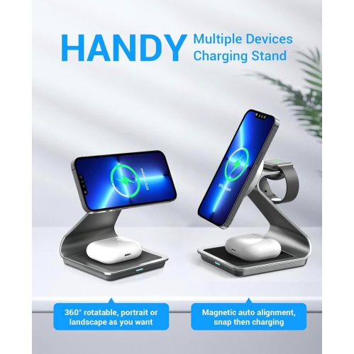 3 in 1 Wireless Charger for MagSafe, Aluminum Alloy Wireless Charging Station, Compatible with iPhone 14/13/12, Apple Watch, AirPods Pro/3/2(Black)