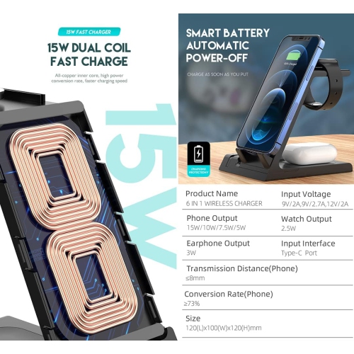 Induction Chargers 15W 6 in 1 Qi Fast Wireless Charging Stand for iPhone 13/12/11/X/XS/XR/8/Apple Watch Airpods/Pro/ipad/Samsung