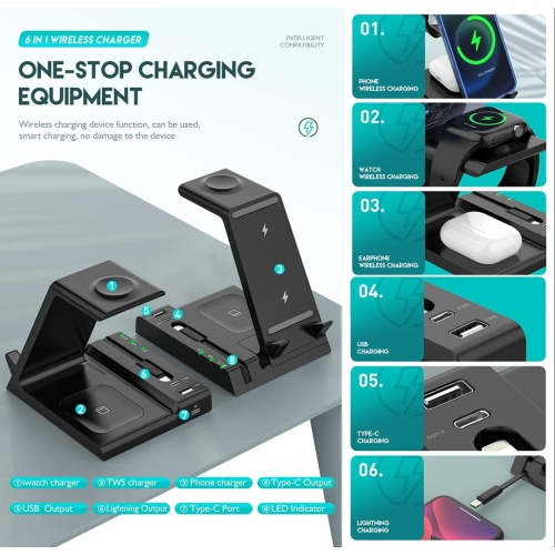 Induction Chargers 15W 6 in 1 Qi Fast Wireless Charging Stand for iPhone 13/12/11/X/XS/XR/8/Apple Watch Airpods/Pro/ipad/Samsung