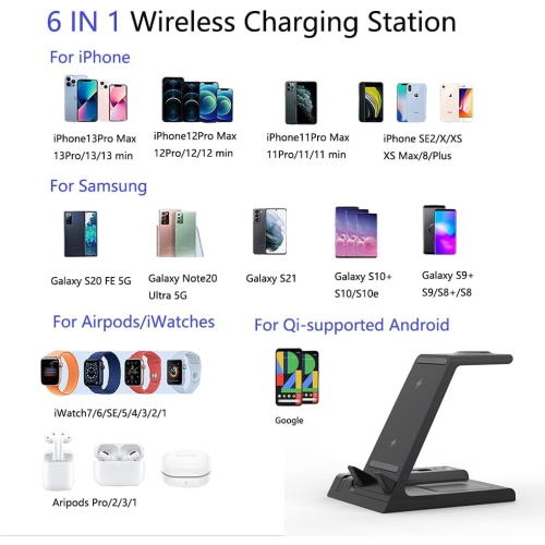 Induction Chargers 15W 6 in 1 Qi Fast Wireless Charging Stand for iPhone 13/12/11/X/XS/XR/8/Apple Watch Airpods/Pro/ipad/Samsung