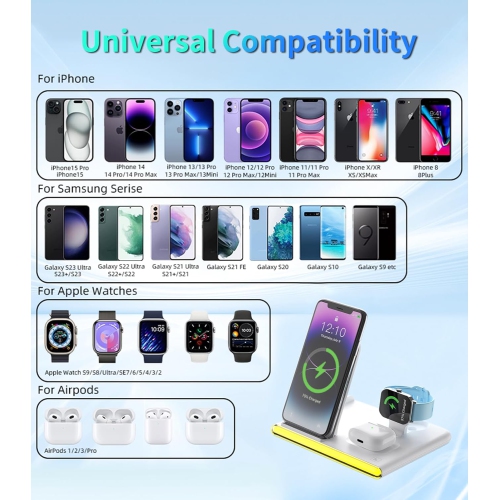 4 in 1 Wireless Charging Station for Apple iPhone 11 12 13 14 15, Galaxy S9 10 21 22 23, Apple Watch 2 3 4 5 6 7 SE, AirPods