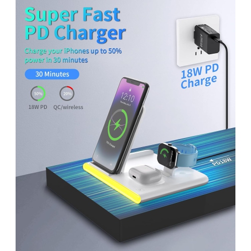 4 in 1 Wireless Charging Station for Apple iPhone 11 12 13 14 15, Galaxy S9 10 21 22 23, Apple Watch 2 3 4 5 6 7 SE, AirPods