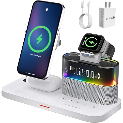 3-in-1 Charging Station, RGB Alarm Clock with Wireless Charging, Magnetic Wireless Charger Stand for iPhone 15/14/13/12, AirPods 3/2, Apple Watch S9