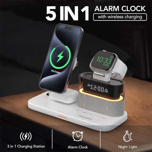 3-in-1 Charging Station, RGB Alarm Clock with Wireless Charging, Magnetic Wireless Charger Stand for iPhone 15/14/13/12, AirPods 3/2, Apple Watch S9