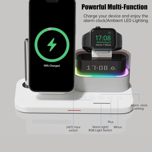 3-in-1 Charging Station, RGB Alarm Clock with Wireless Charging, Magnetic Wireless Charger Stand for iPhone 15/14/13/12, AirPods 3/2, Apple Watch S9