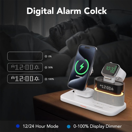 3-in-1 Charging Station, RGB Alarm Clock with Wireless Charging, Magnetic Wireless Charger Stand for iPhone 15/14/13/12, AirPods 3/2, Apple Watch S9