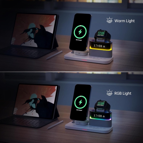 3-in-1 Charging Station, RGB Alarm Clock with Wireless Charging, Magnetic Wireless Charger Stand for iPhone 15/14/13/12, AirPods 3/2, Apple Watch S9