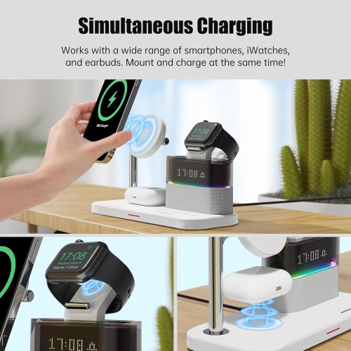 3-in-1 Charging Station, RGB Alarm Clock with Wireless Charging, Magnetic Wireless Charger Stand for iPhone 15/14/13/12, AirPods 3/2, Apple Watch S9