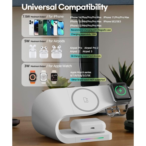 3-in-1 Wireless Charging Station with MagSafe - Fast Charging for Apple Watch, Stable Charger Stand Base for iPhone 15/14/13/12 Pro Max/Plus, Apple