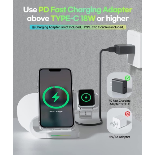 3-in-1 Wireless Charging Station with MagSafe - Fast Charging for Apple Watch, Stable Charger Stand Base for iPhone 15/14/13/12 Pro Max/Plus, Apple