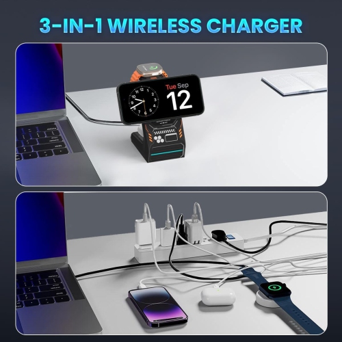 3 in 1 Wireless Charging Station for MagSafe: Magnetic Charge Stand for iPhone Apple 15 14 13 12 Pro/Pro Max/Plus/Mini- Fast Wireless Charger Dock
