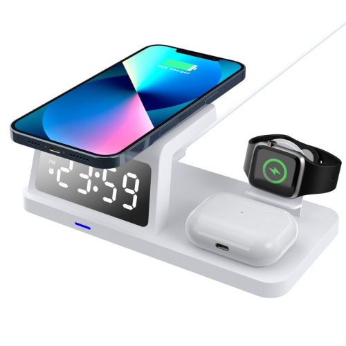 YOULIGHTS  3-In-1 Wireless Fast Charger, Desktop Clock Alarm Clock Watch Headset Wireless Charging(White)