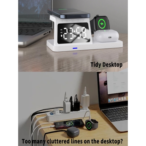3-in-1 wireless fast charger, desktop clock alarm clock watch headset wireless charging(White)