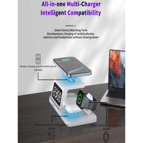 3-in-1 wireless fast charger, desktop clock alarm clock watch headset wireless charging(White)