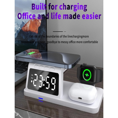 3-in-1 wireless fast charger, desktop clock alarm clock watch headset wireless charging(White)
