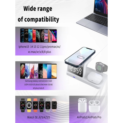 3-in-1 wireless fast charger, desktop clock alarm clock watch headset wireless charging(White)