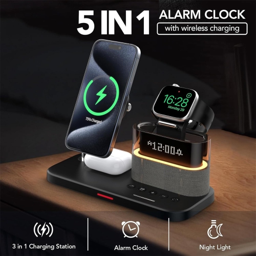 3-in-1 Charging Station, RGB Alarm Clock with Wireless Charging, Magnetic Wireless Charger Stand for iPhone 15/14/13/12, AirPods 3/2, Apple Watch S9