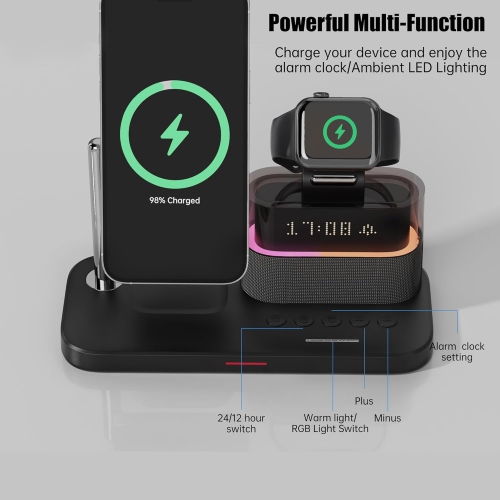 3-in-1 Charging Station, RGB Alarm Clock with Wireless Charging, Magnetic Wireless Charger Stand for iPhone 15/14/13/12, AirPods 3/2, Apple Watch S9