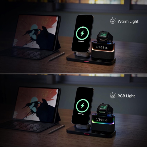 3-in-1 Charging Station, RGB Alarm Clock with Wireless Charging, Magnetic Wireless Charger Stand for iPhone 15/14/13/12, AirPods 3/2, Apple Watch S9