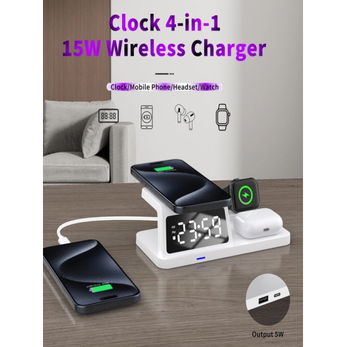3-in-1 wireless fast charger, desktop clock alarm clock watch headset wireless charging(Black)