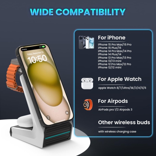 3 in 1 Wireless Charging Station for MagSafe: Magnetic Charge Stand for iPhone Apple 15 14 13 12 Pro/Pro Max/Plus/Mini- Fast Wireless Charger Dock