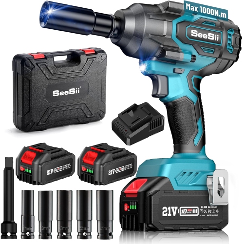 Image 1 de 8.. Seesii 1000Nm(738ft-lbs) Cordless Impact Wrench High Torque,1/2" Brushless Impact Gun 2* 4.0AH Battery,Fast Charger, 5 Sockets & Storage Case,
