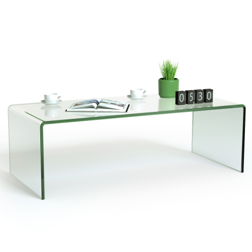 COSTWAY  Glass Coffee Table, Modern Home Furniture, Clear Tempered Glass End Table, Waterfall Table With Rounded Edges