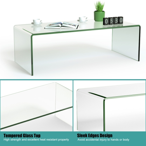 Costway Glass Coffee Table, Modern Home Furniture, Clear Tempered Glass End Table, Waterfall Table with Rounded Edges