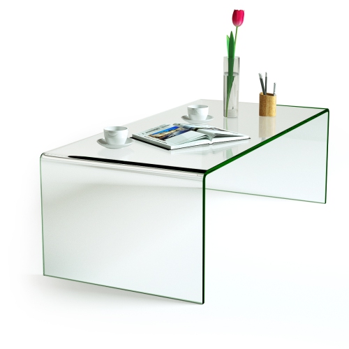 Costway Glass Coffee Table, Modern Home Furniture, Clear Tempered Glass End Table, Waterfall Table with Rounded Edges