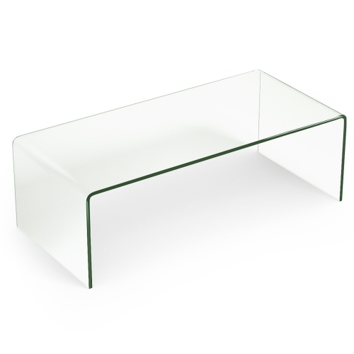 Costway Glass Coffee Table, Modern Home Furniture, Clear Tempered Glass End Table, Waterfall Table with Rounded Edges