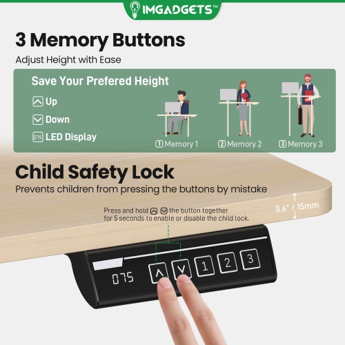Bureau debout électrique à hauteur réglable avec surface de 47 x 24 po d'IMGadgets| Idéal pour le bureau à la maison | 3 préréglages, hauteur