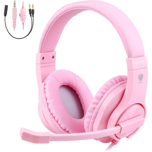 3.5mm Gaming Headset, Bass Stereo Over-Ear Gaming Headphones, Kids Headphones with Microphone and Volume Control for PC/Phones(Pink)