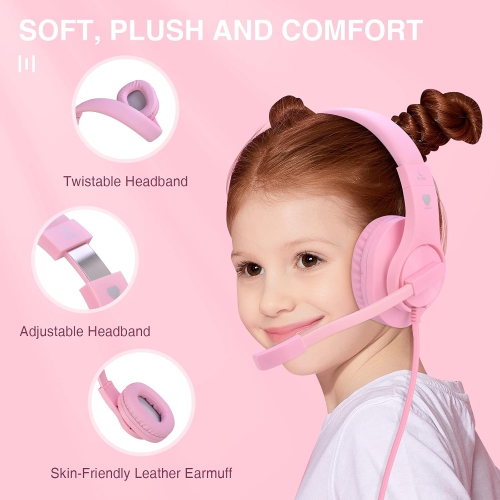 3.5mm Gaming Headset, Bass Stereo Over-Ear Gaming Headphones, Kids Headphones with Microphone and Volume Control for PC/Phones(Pink)
