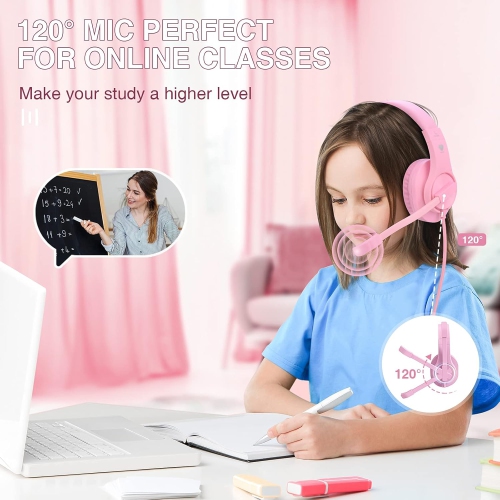 3.5mm Gaming Headset, Bass Stereo Over-Ear Gaming Headphones, Kids Headphones with Microphone and Volume Control for PC/Phones(Pink)