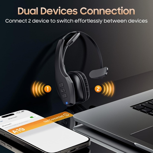 Bluetooth Headset with Microphone, Trucker Headset Bluetooth Wireless Noise Cancelling & Mute Button, 55 Hours Working Time Wireless On-Ear Headset