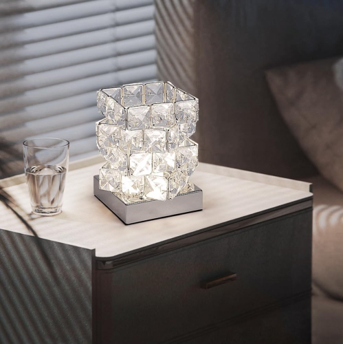 Small Crystal Table Light with E12 Socket Modern Small Nightstand Bedside Lamp for Bedroom,Living Room,Chromed Plated