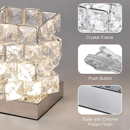 Small Crystal Table Light with E12 Socket Modern Small Nightstand Bedside Lamp for Bedroom,Living Room,Chromed Plated