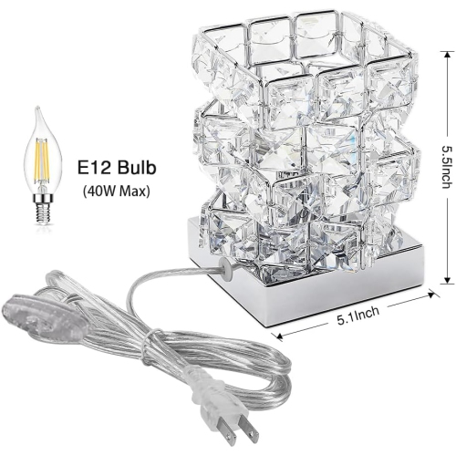 Small Crystal Table Light with E12 Socket Modern Small Nightstand Bedside Lamp for Bedroom,Living Room,Chromed Plated