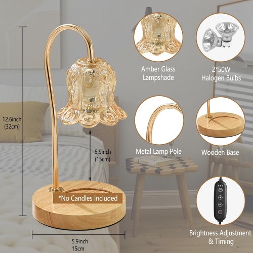Amber Flower Candle Warmer Lamp,Dimmable Crystal Lantern with Timer & Woodern Base,Wax Melter for Scented Candles,Compatible with Small & Large