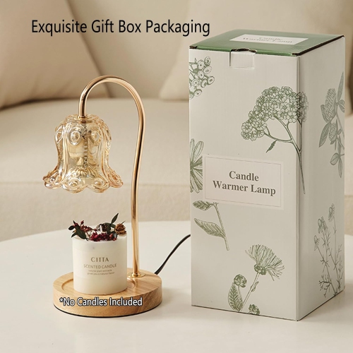 Amber Flower Candle Warmer Lamp,Dimmable Crystal Lantern with Timer & Woodern Base,Wax Melter for Scented Candles,Compatible with Small & Large
