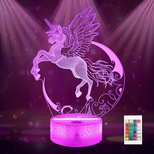 HTUTWOO  Unicorn Night Light for Kids, Unicorn 3D Illusion Lamp 16 Colors Change w Remote & Timer Unicorn Bedside Light As Birthday Gifts for Girls