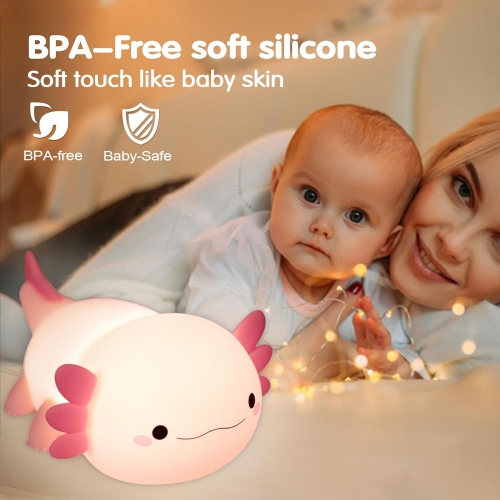 Axolotl Night Light,Cute Lamp for Baby,Silicone Rechargeable Touch Light with 20 Minutes Timer & USB,Dimmable Soothing Bedside Lamp for Nursery, Cute