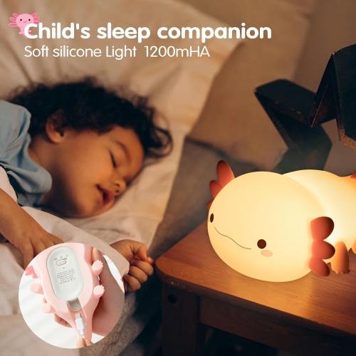 Axolotl Night Light,Cute Lamp for Baby,Silicone Rechargeable Touch Light with 20 Minutes Timer & USB,Dimmable Soothing Bedside Lamp for Nursery, Cute