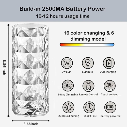 Crystal Table Lamp LED Night Light, Crystal Rose Diamond Table Lamp Touch Control,USB Romantic Rose Acrylic 3D Night Lights with Remote for Bedroom
