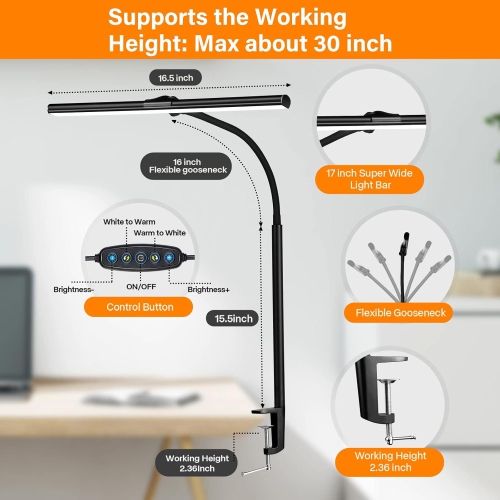 LED Desk Lamp with Clamp - Architect Desk Lamp Swing Arm Task Light 360 ° Rotation Gooseneck Desktop Lighting for Office Home Workbench Drafting