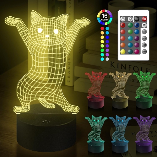 HTUTWOO  Cute Disco Cat Night Light, 16 Colors Remote Control & Smart Touch Dimmable 3D Illusion Bedside Lamp \w Smart Touch & USB - Funny Birthday