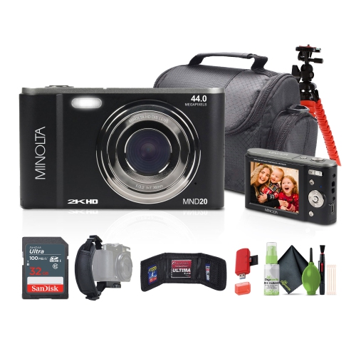 Appareil photo numérique 44&nbsp;Mpx/2,7K Ultra HD MND20 de Minolta avec carte 32&nbsp;Go, sac et trépied - Noir