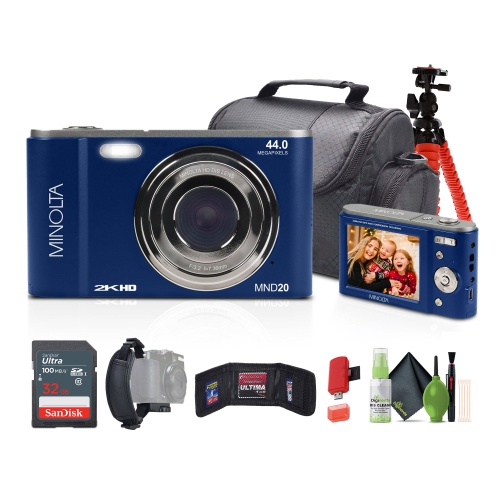 Appareil photo numérique 44&nbsp;Mpx/2,7K Ultra HD MND20 de Minolta avec carte 32&nbsp;Go, sac et trépied - Bleu