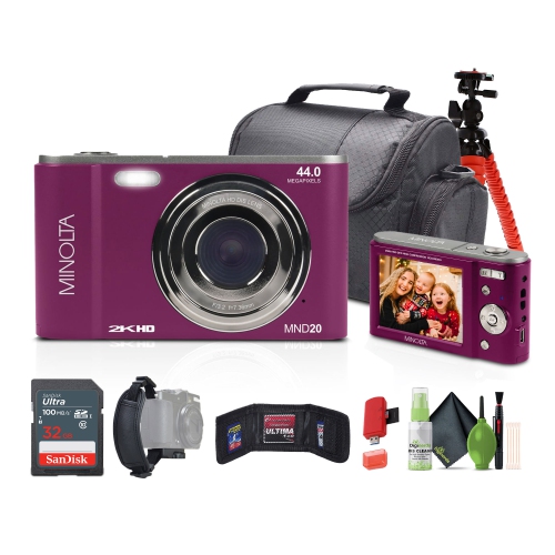 Minolta MND20 44 MP / 2.7K Ultra HD Digital Camera with 32GB Card, Bag, and Tripod Bundle - Magenta